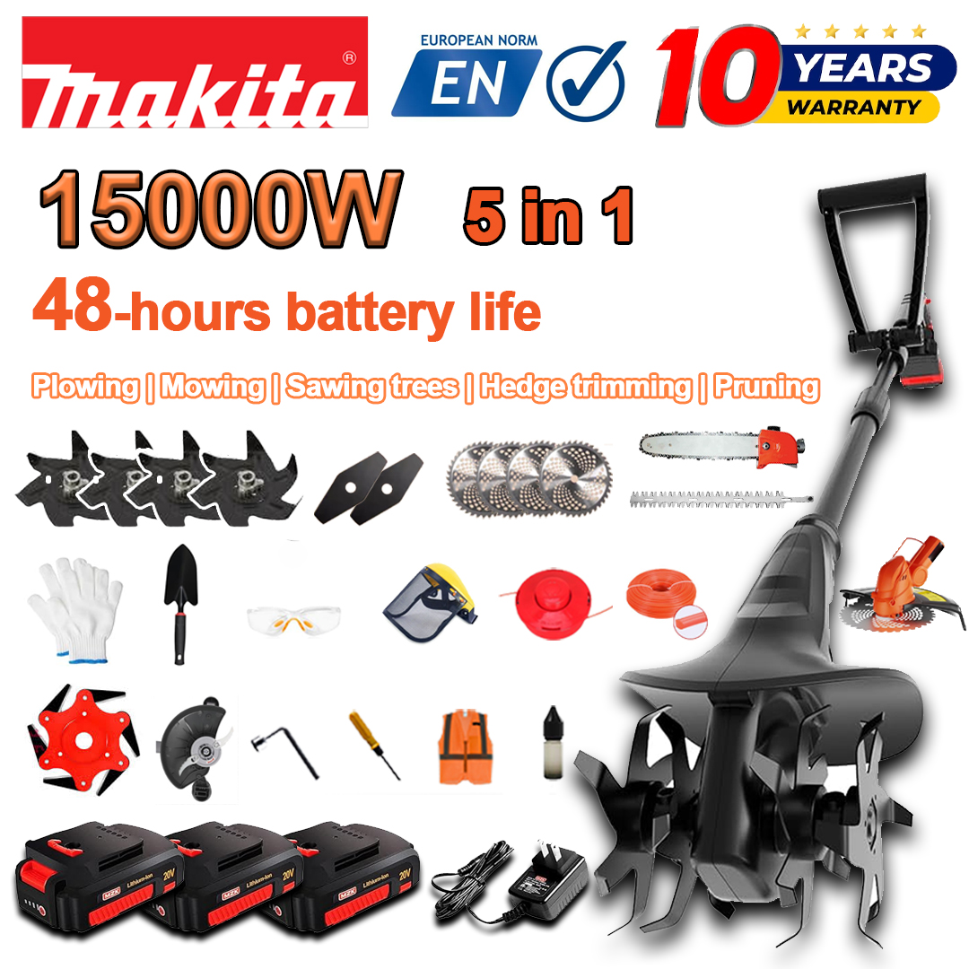 (Aku eluiga 48 tundi) 15000W ader + 96V liitiumaku * 3 + niidupea * 1 + saag * 1 + hekilõikuri pea * 1 + kiirlaadija * 1 + labidas * 1 + sirge tera * 2 + adra tera * 4 + sulamist saetera * * 1 + lõiketera + 1 lõikeköis