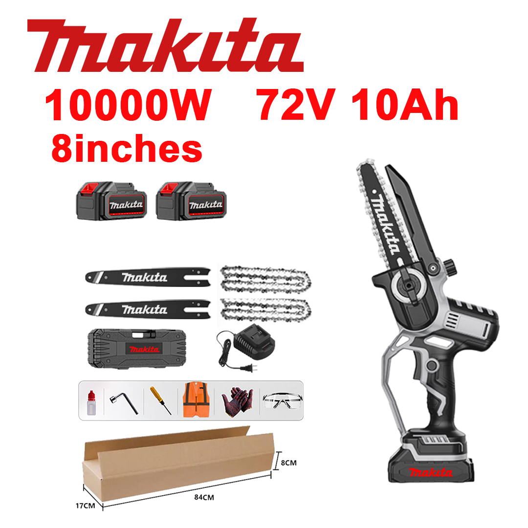 10-tolline harjadeta liitiumioonsaag, võimsus 10 000 W, 72 V 10,0 Ah aku*2, laadija, juhtlatt*2, kett*2, tööriistakast, määrdeõli ja kaitseprillid, viieaastane garantii