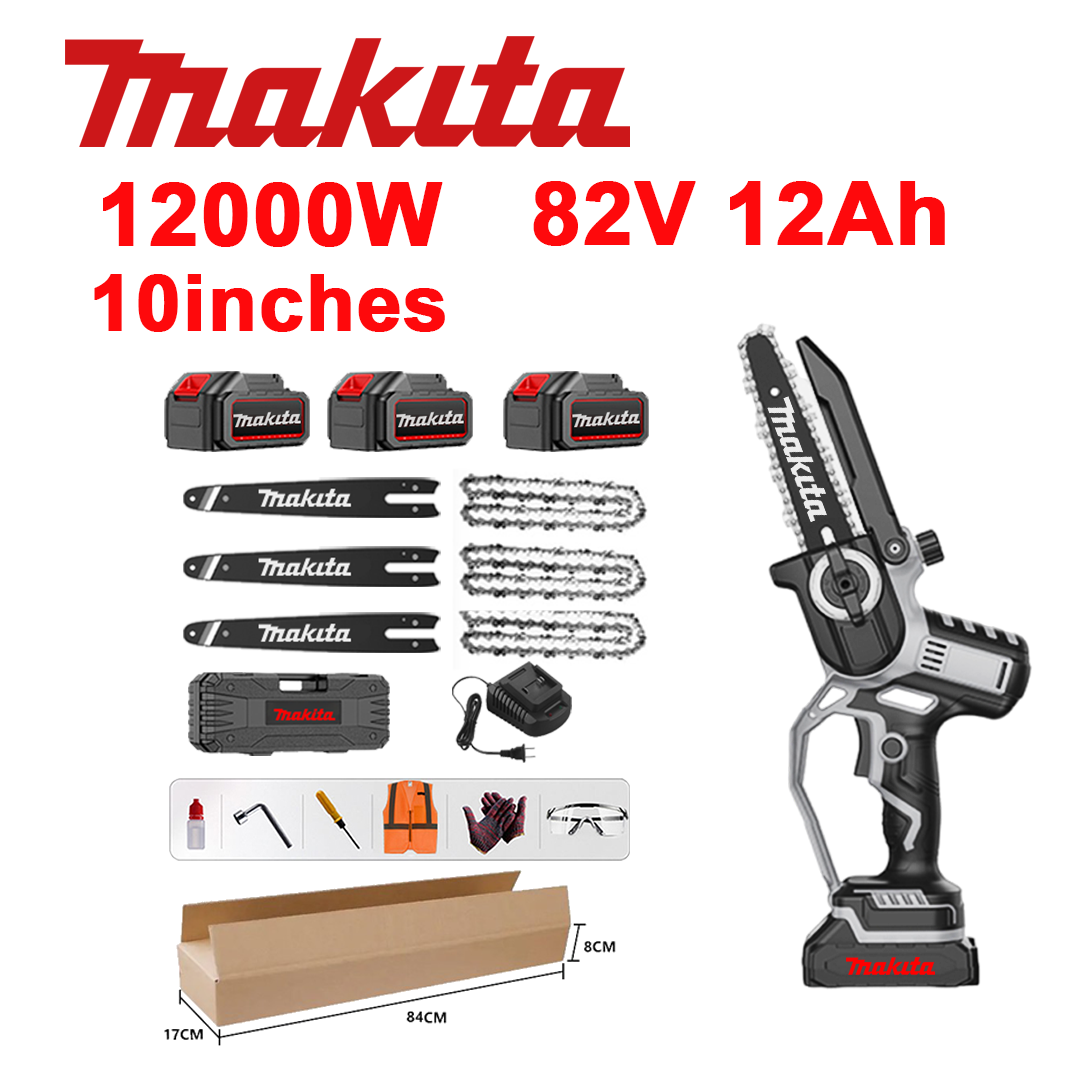 10-tolline harjadeta liitiumioonsaag, 12 000 W võimsus, 82 V 12,0 Ah aku*3, laadija, juhtlatt*3, kett*3, tööriistakast, määrdeõli ja kaitseprillid, viieaastane garantii
