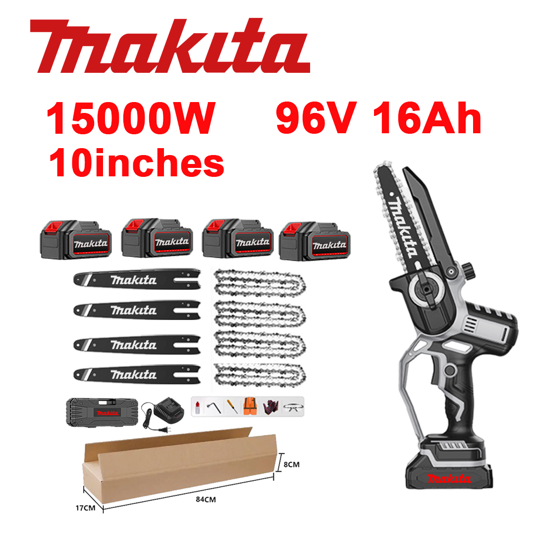 10-tolline harjadeta liitiumioonsaag, võimsus 15 000 W, 96 V 16,0 Ah aku*4, laadija, juhtlatt*4, kett*4, tööriistakast, määrdeõli ja kaitseprillid, viieaastane garantii