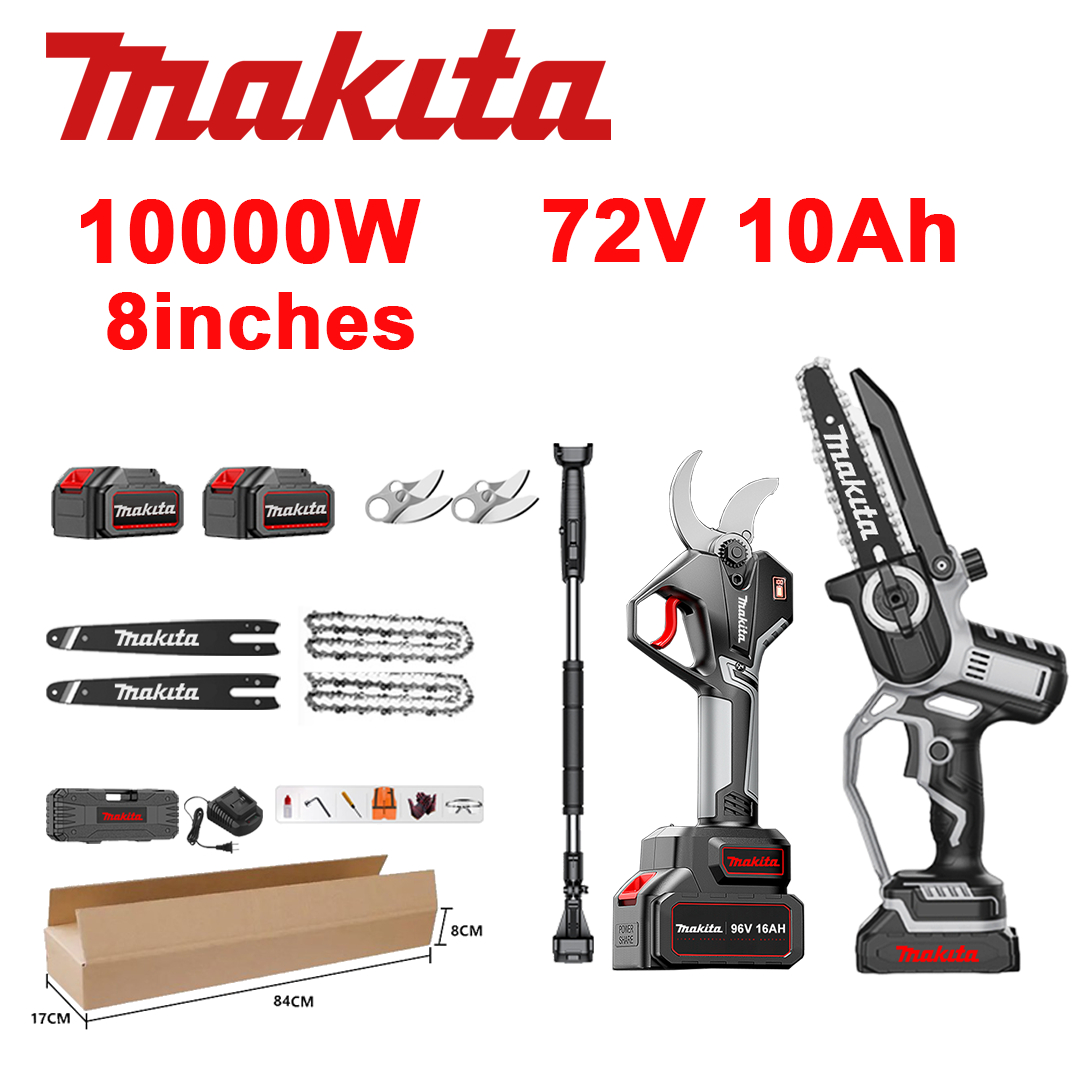 LED-toiteindikaator (aku tööiga: 10 tundi). 8 tolline 10 000W liitiumioonsaag + oksakäärid + 72V 10,0Ah aku*2 + laadija + juhikud *2 + ketid *2 + SK9 sulamist terad *2 + teleskoopvarras *1 (teleskoop 150cm-450cm) + tööriistakast + 0 turvaõlisid.