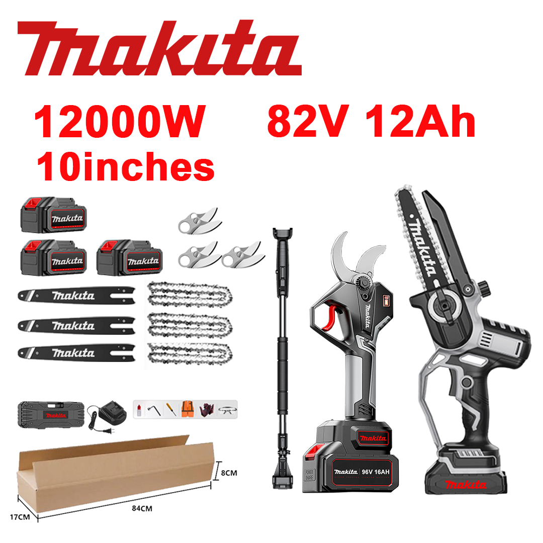 LED pinge indikaator (aku eluiga: 18 tundi). 10-tolline 12000W liitiumioonsaag + oksakäärid + 82V 12,0Ah aku*3 + laadija + latid*3 + ketid*3 + SK9 sulamist terad*3 + teleskooplatt*1 (teleskoop 150cm kuni 450cm) + õlikaitsetööriist