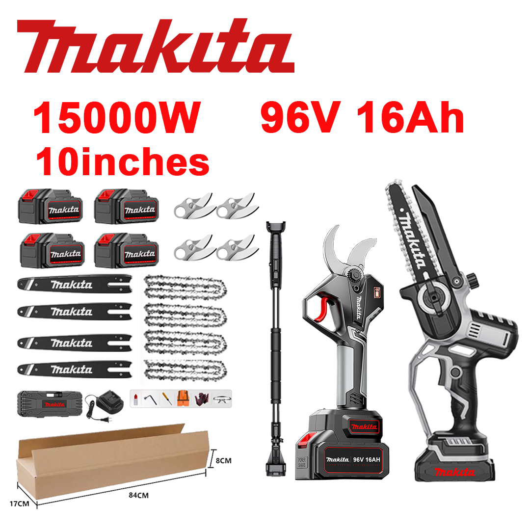 LED pinge indikaator (aku eluiga: 36 tundi). 10-tolline 15 000 W liitiumioonsaag + oksakäärid + 96V 16,0Ah aku*4 + laadija + juhikud *4 + ketid *4 + SK9 sulamist terad *4 + teleskoopvarras *1 (laieneb 150cm kuni 450cm) + 1 turvatööriist.