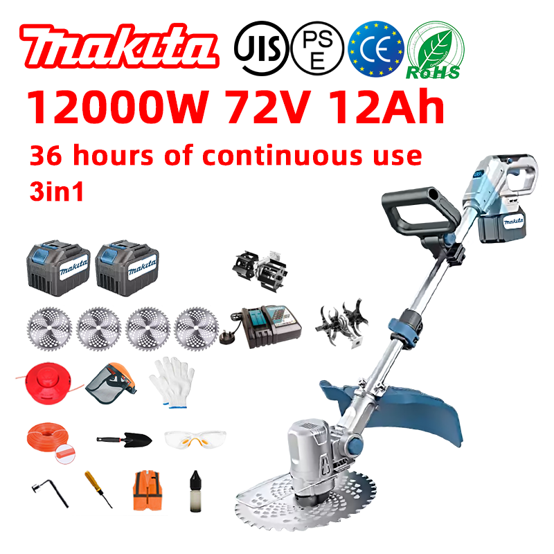 (24 tundi aku tööiga) 12000W harjadeta muruniiduk*1 + 72V 12.0Ah aku*2 + laadija*1 + külgratas*1 + abiratas*1 + ringsaelehed*4 + ader*1 + lõikenöör*1 + lõikeketas*1 + labidas*1 + kruvikeeraja kindad*1 + kruvikeeraja*1 + kinnas*1 + kruvikeeraja*1 + kruvi*1 + kaitseriietus*1 + määrdeõli*1 + tööriistakast*1