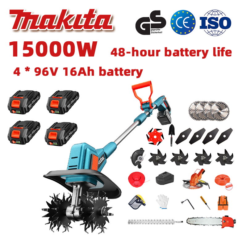(Aku tööiga 48 tundi) 15000W ader + 96V 16Ah liitiumaku * 4 + tera * 4 + sae * 1 + hekilõikuri pea * 1 + kiirlaadija * 1 + labidas * 1 + sirge tera * 4 + adra tera * 4 + sulamist sae tera * 1 + niidutera * 1 + lõikenöör * 1 + mitmesugused tarvikud
